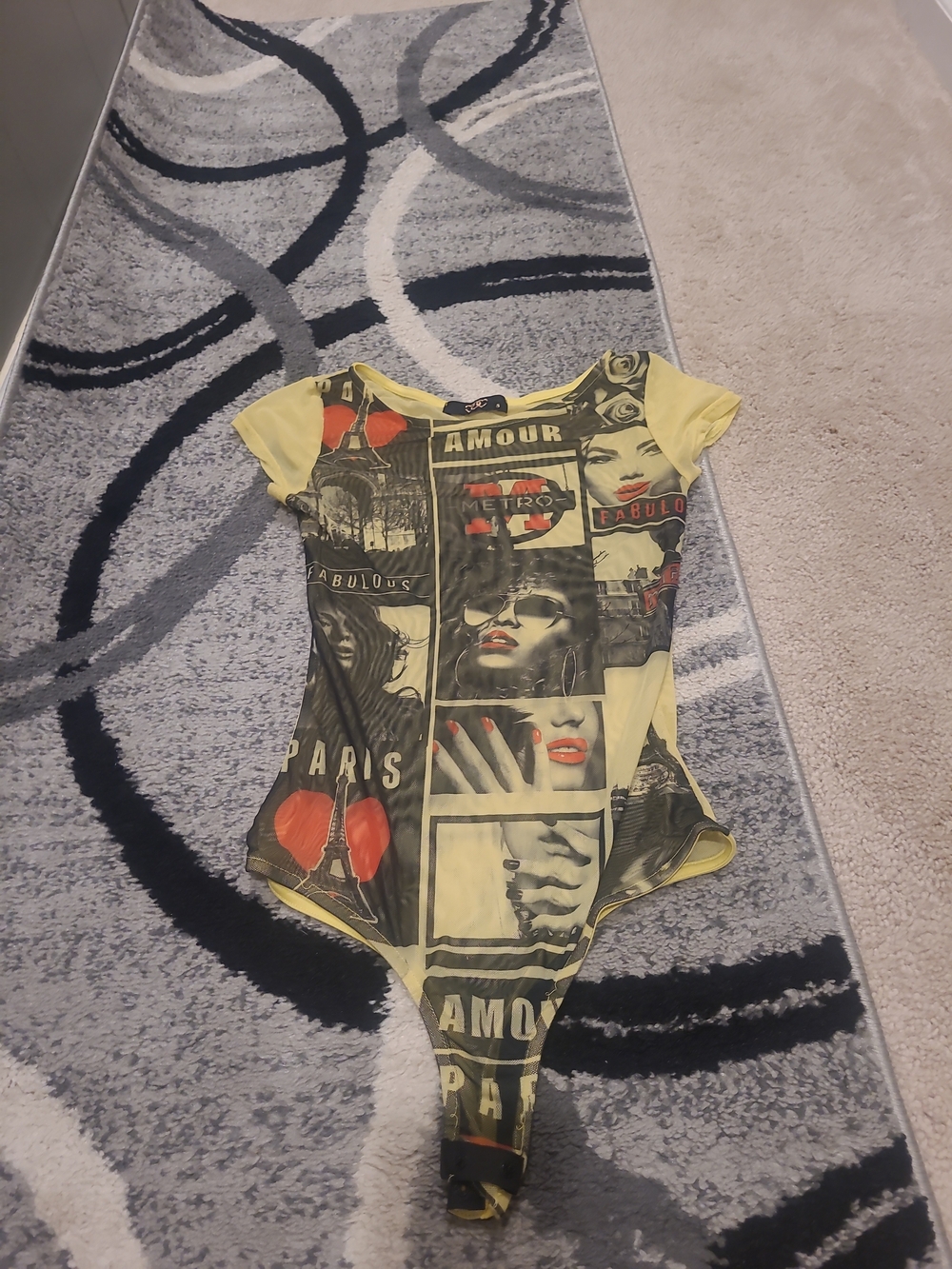 Mesh Bodysuit Womens Small Yellow Graphic Design Bodysuit Amour Fabulous